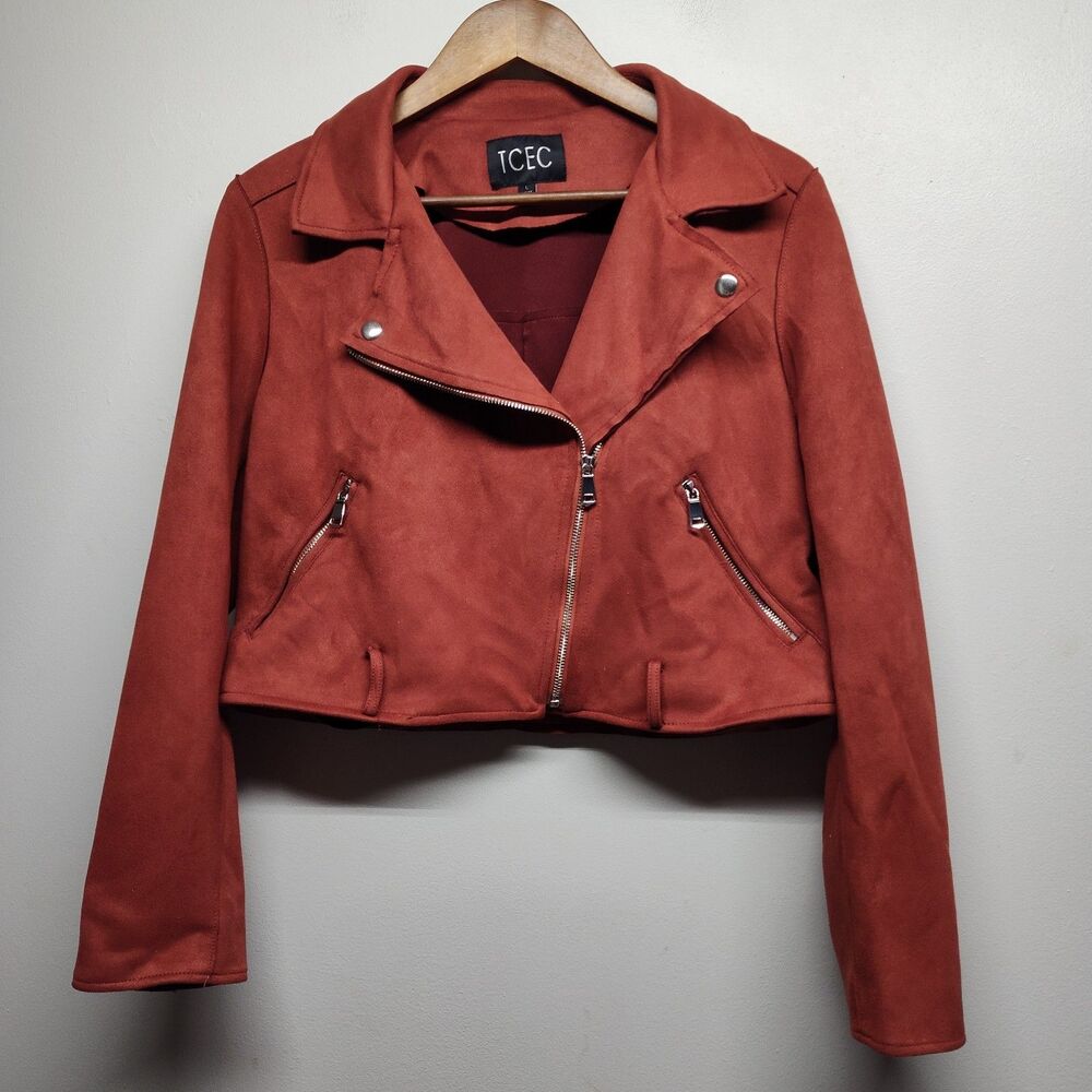 TCEC Biker Jacket Women Size L Orange Faux Suede Full Zip Cropped Winter Outdoor